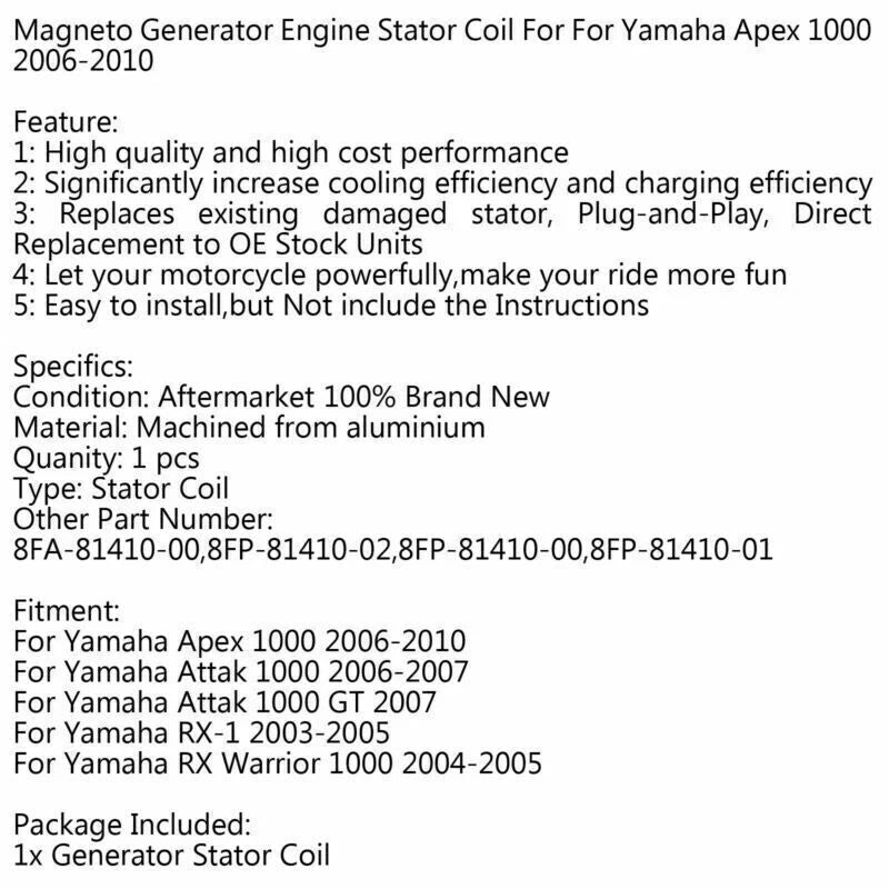 Stator Coil for Yamaha Apex 1000 (2006-2010)