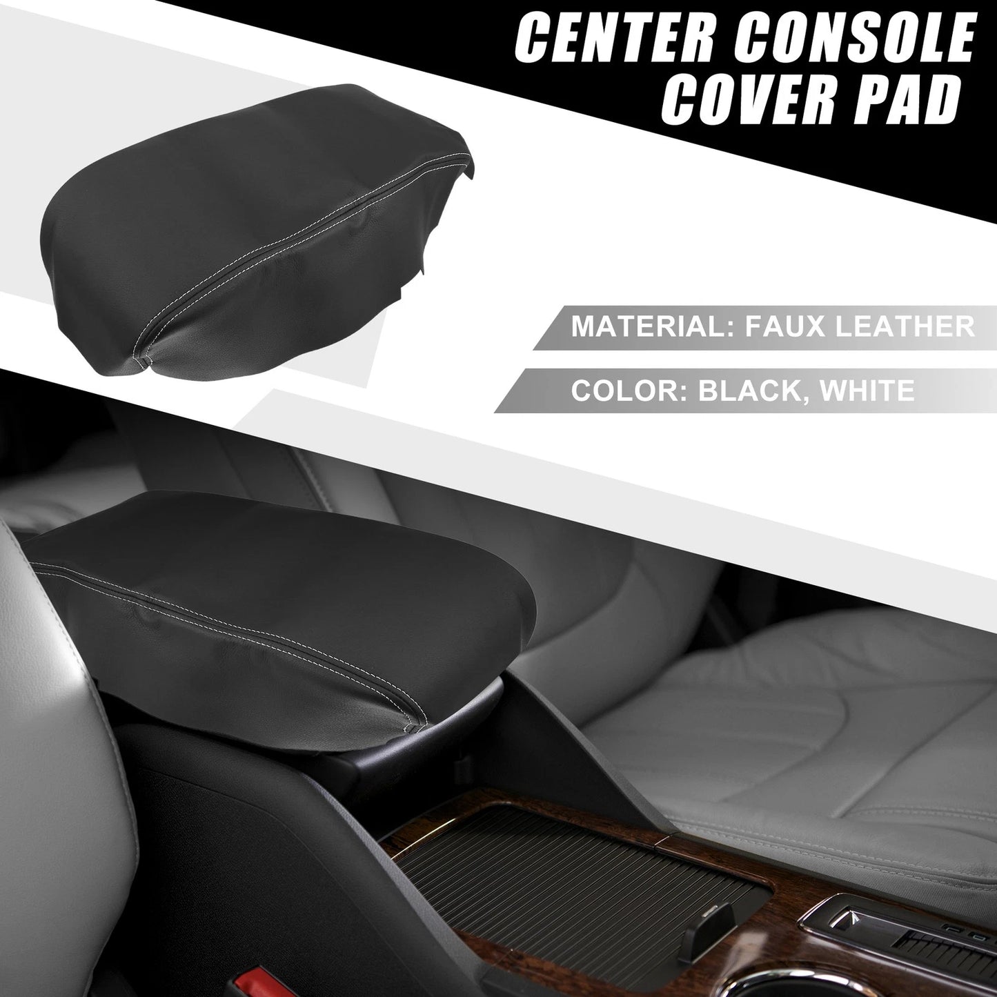 Console Armrest Cover for Dodge Charger (2008-2010) Black White Stitches