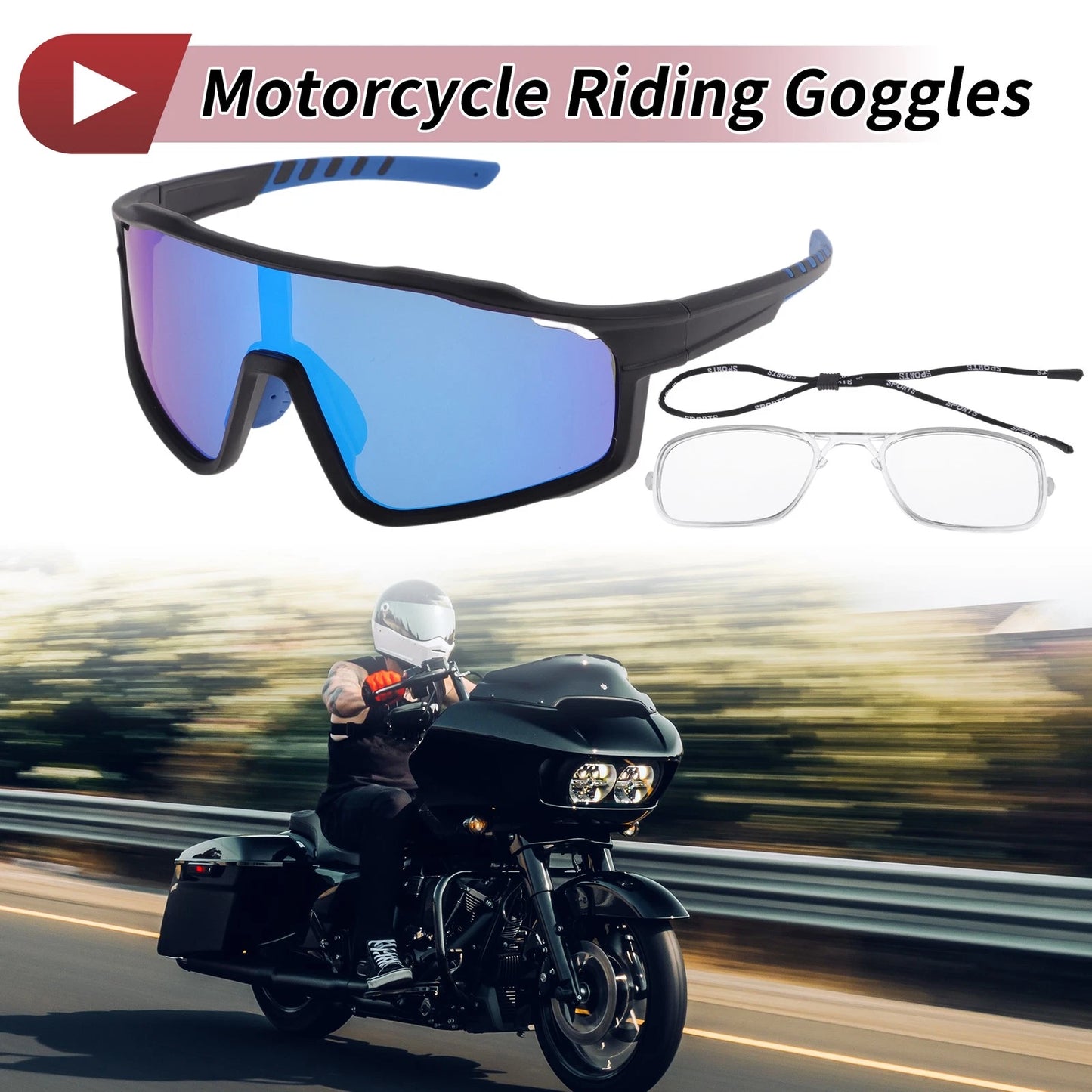 1 Set Motorcycle Riding Goggles for Blue Lens Black Blue Frame