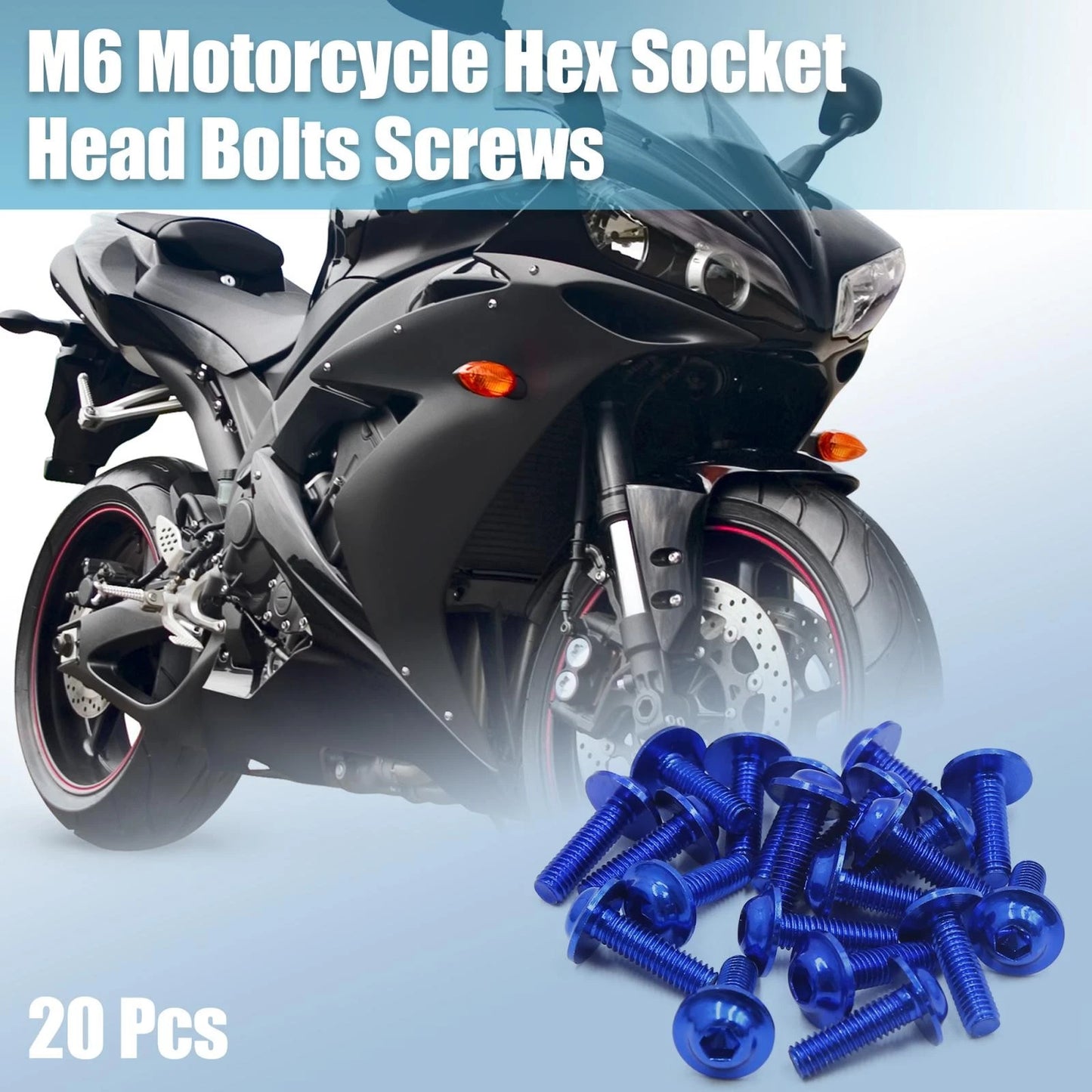 20 x M6 x 20mm Blue Aluminum Alloy Hex Socket Head Bolts Screws for Car/Motorcycle
