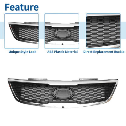 Front Upper Bumper Grille for Kia Forte (2010-2013) Black Chrome Silver Tone