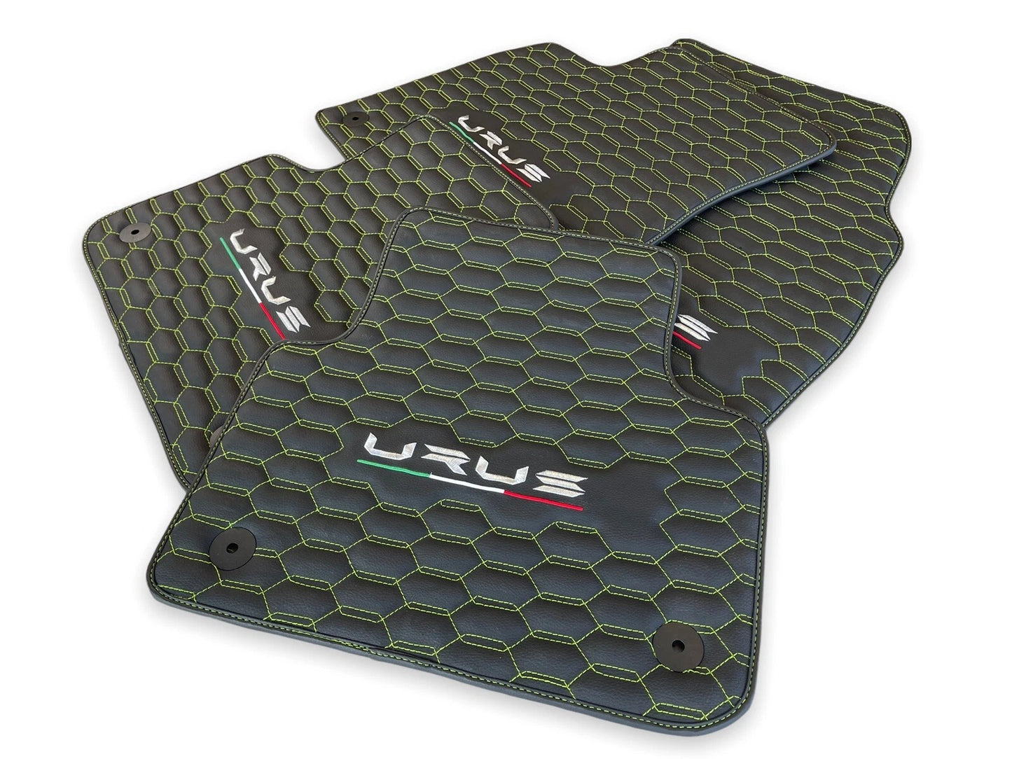 Leather Floor Mats for Lamborghini URUS 2018-2024 Black with Green Stitching