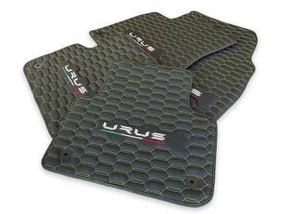 Leather Floor Mats for Lamborghini URUS 2018-2024 Black with Green Stitching