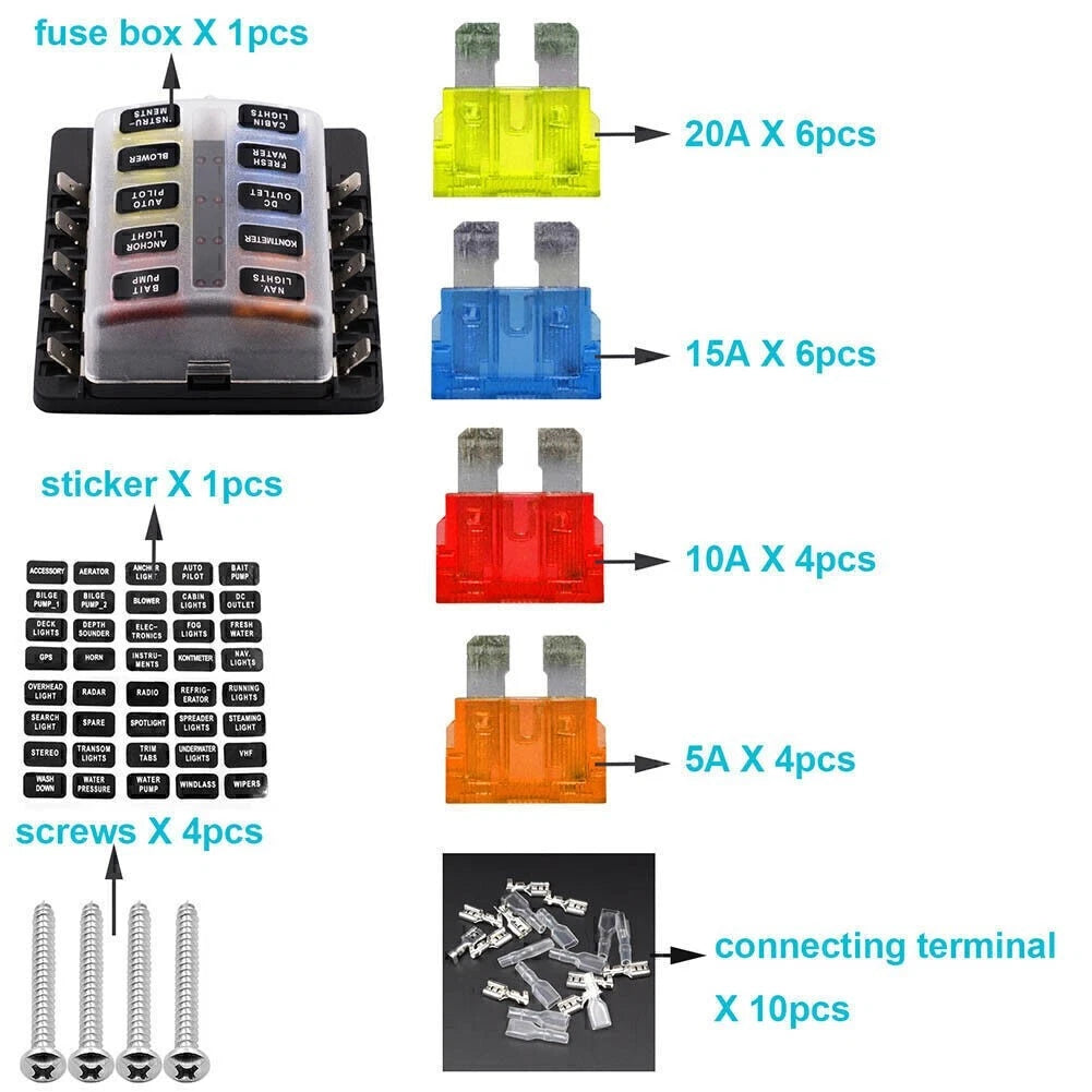 10 Way Circuit ATO ATC Blade LED Fuse Box Block Holder for Car