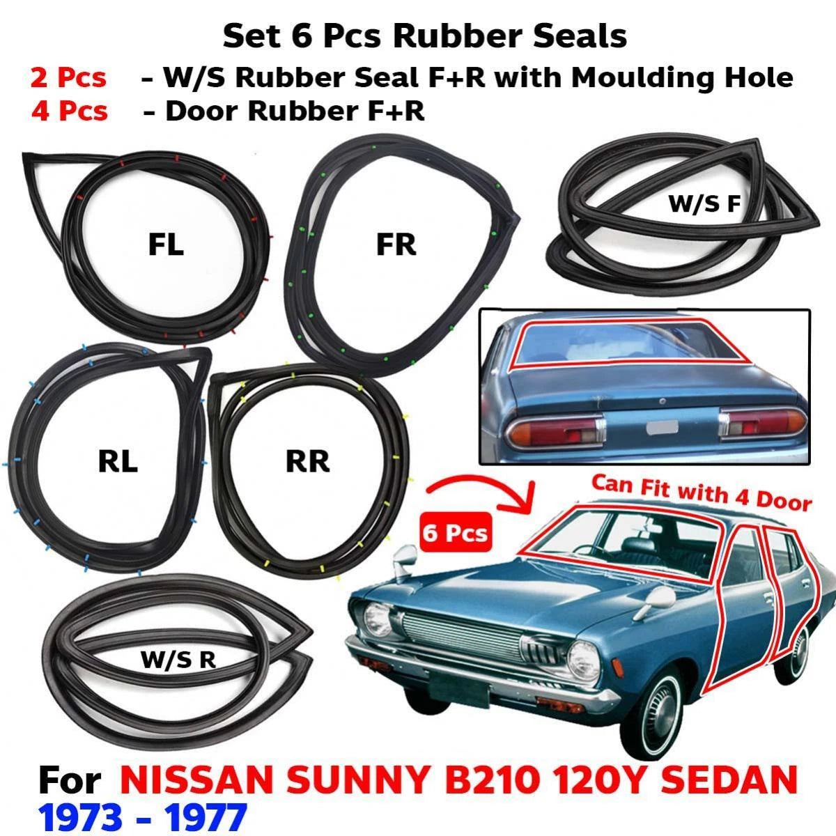 Windshield Front Rear Door Rubber Fits Datsun Sunny B210 120Y 4D SED 1973-77 D05