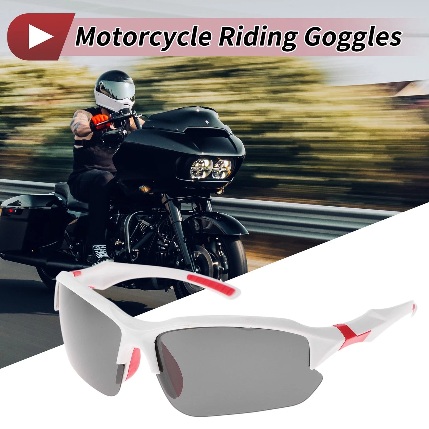Motorcycle Riding Goggles Deep Gray Lens White Red Frame Triacetyl Cellulose PC