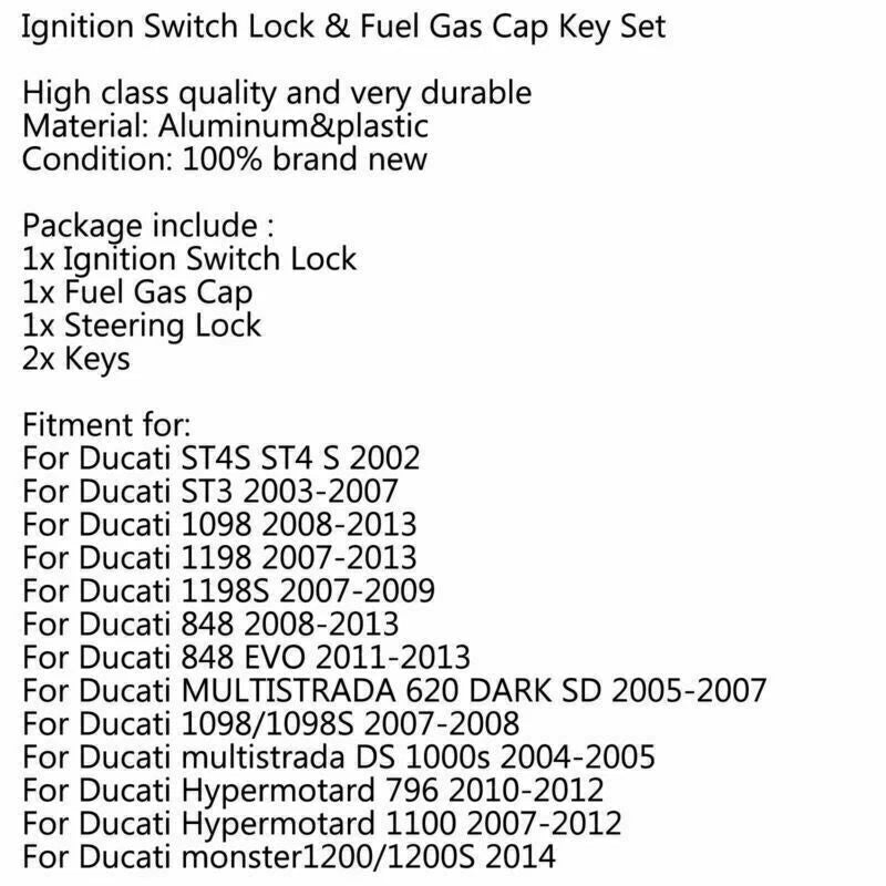 Ignition Lock Fuel Gas Cap Key Set for Ducati 848 1098 1198 Monster 1200 (2007-2018)