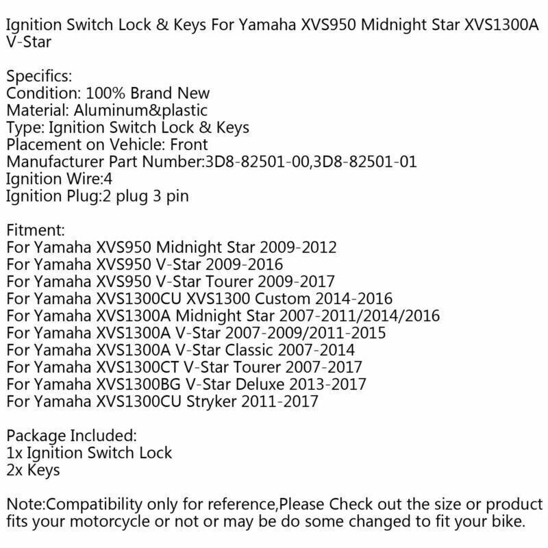 Ignition Lock Cylinder for Yamaha XVF250 V-Star XVS1300A XVS1300BG (2006-2017)