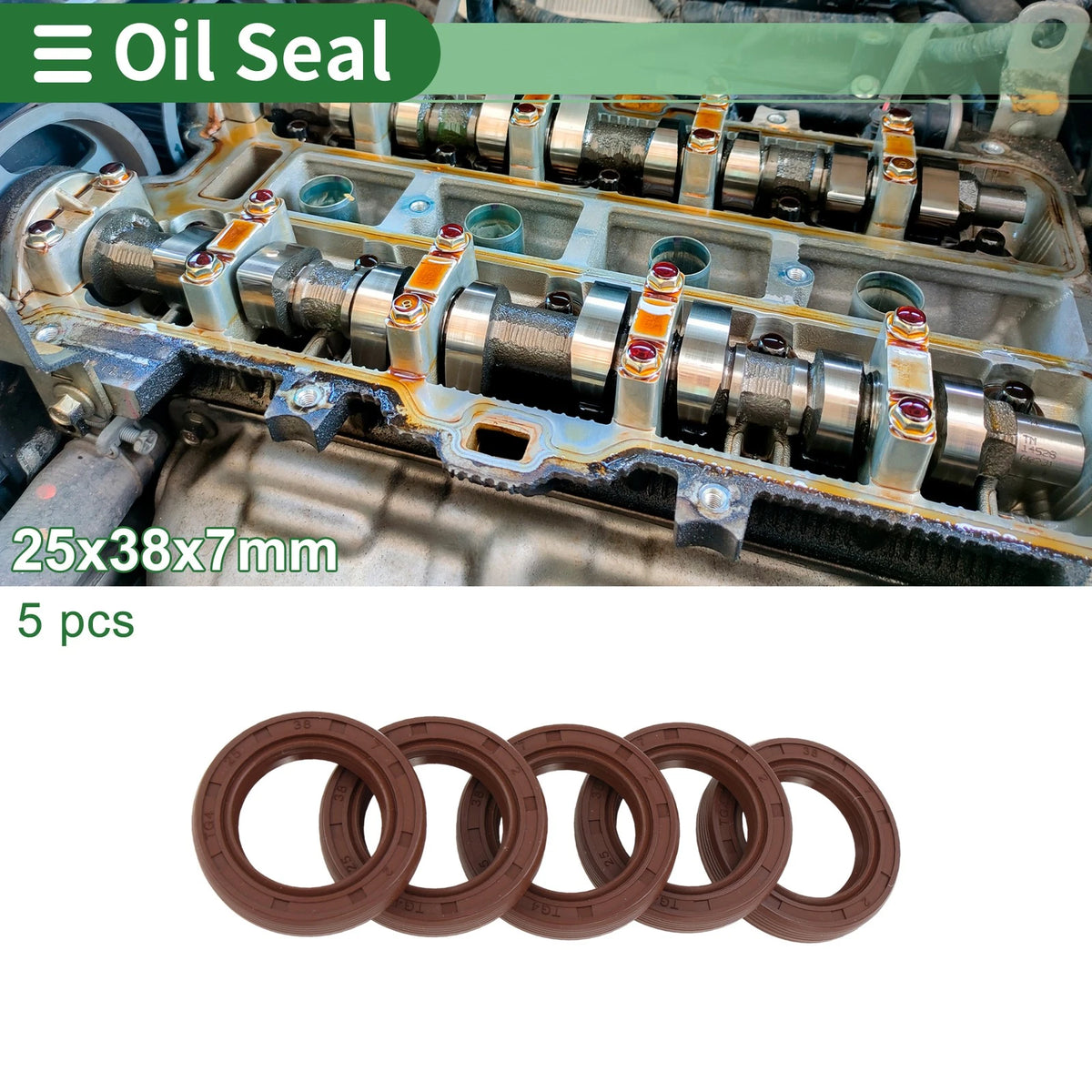 Oil Seal 25x38x7mm FKM Rubber Brown 5 Pcs