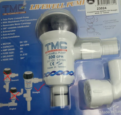 Livewell Live Bait Pump TMC 12V 800GPH Aerator for Fishing Boats