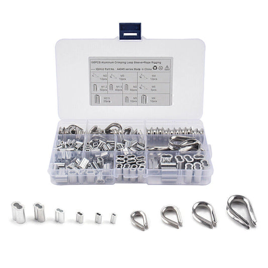 195Pcs M2/3/4/5 Thimble & 6-Size Aluminum Crimping Loop Sleeves