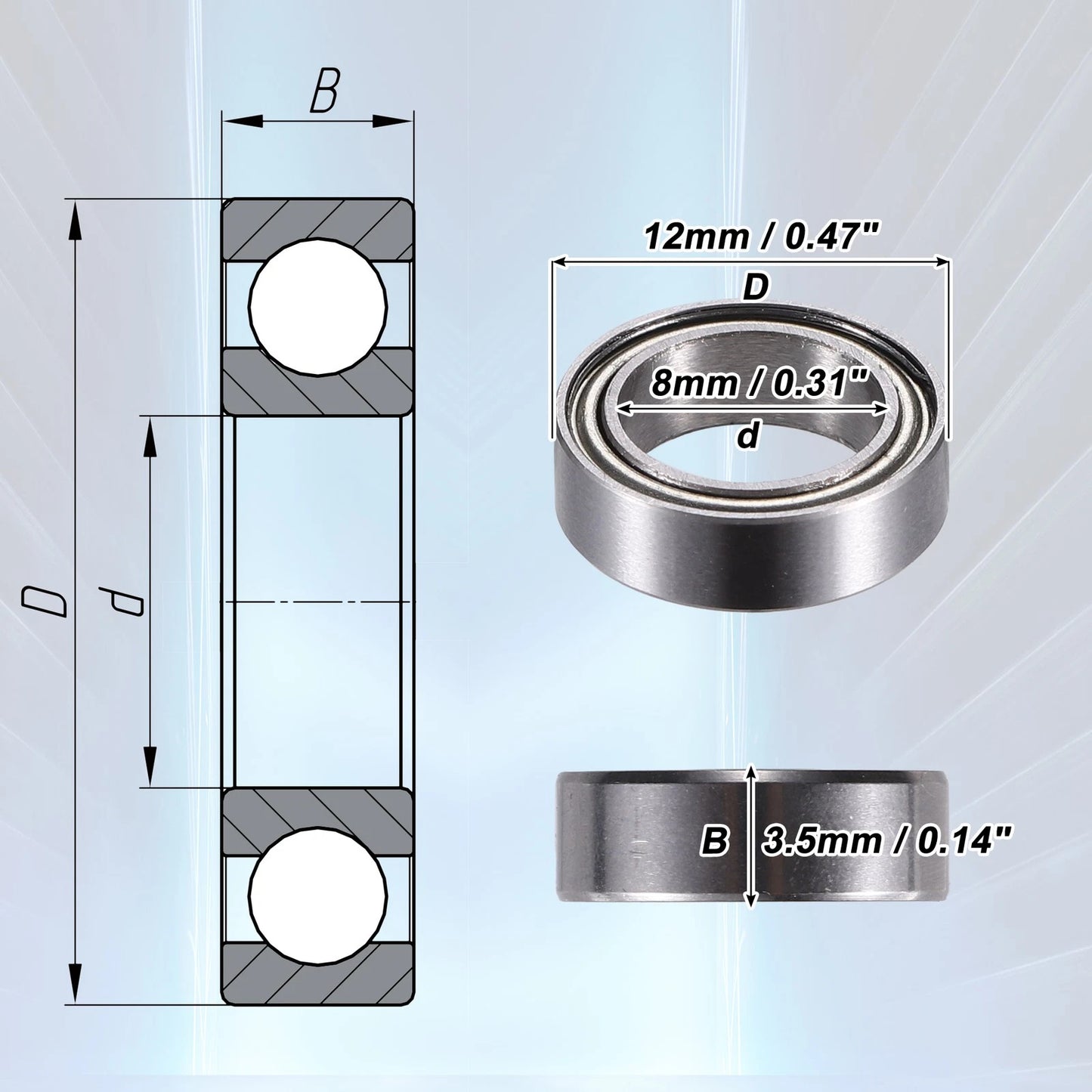 MR128ZZ 20 Pcs 8x12x3.5mm Double Metal Shield Ball Bearings for Car