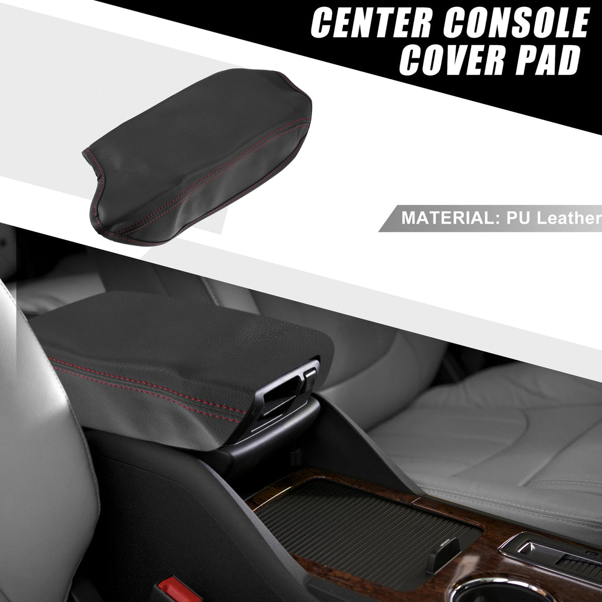 Car Center Console Armrest Cover for Ford Ranger (2019-2021) Black Red Stitch