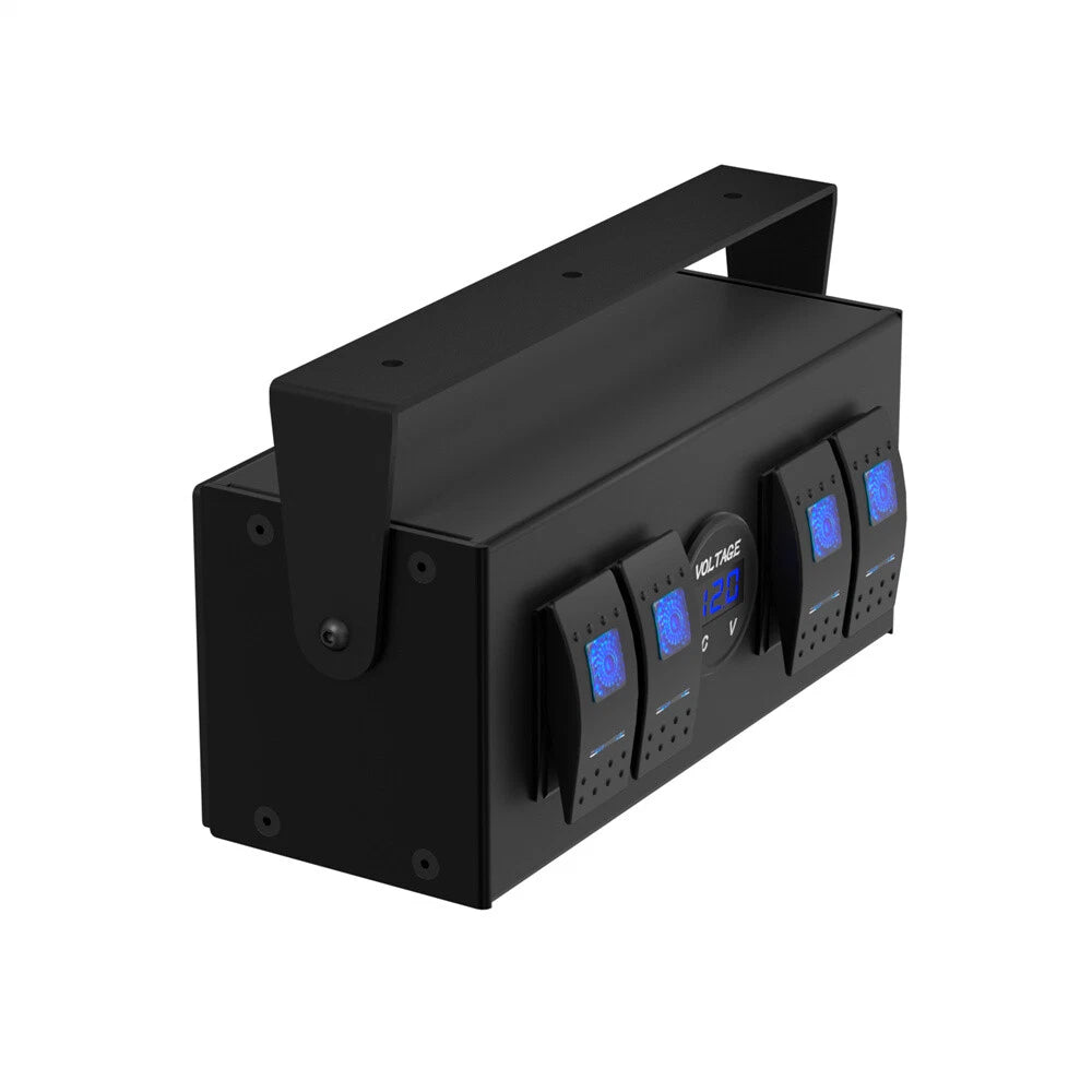 4 Gang Rocker Switch Box 12V/24V ON Off w/ Voltmeter for Boat Car RV SUV