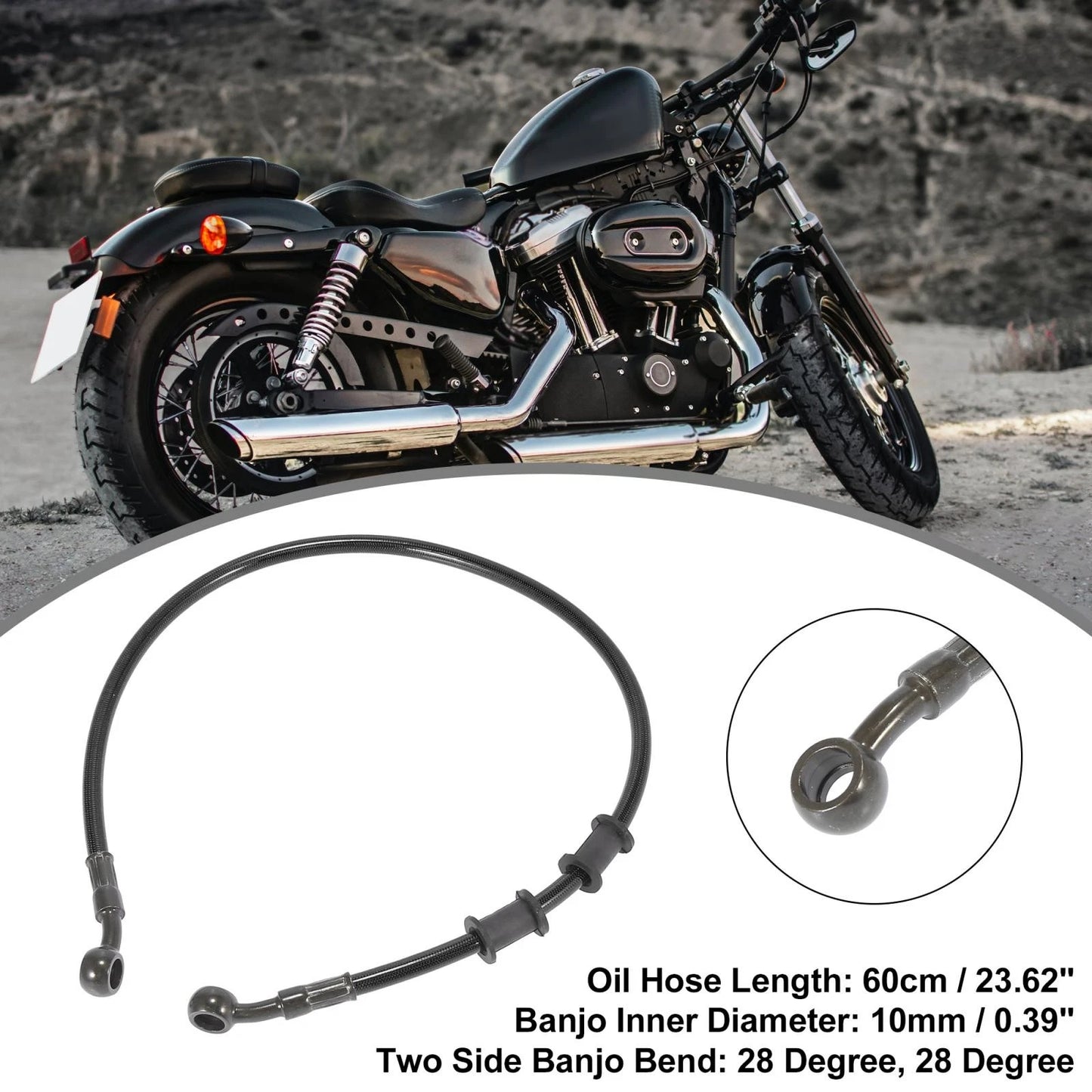 Brake Clutch Oil Hose / 60cm 23.62" Banjo Bend 28° Black for Motorcycle ATV