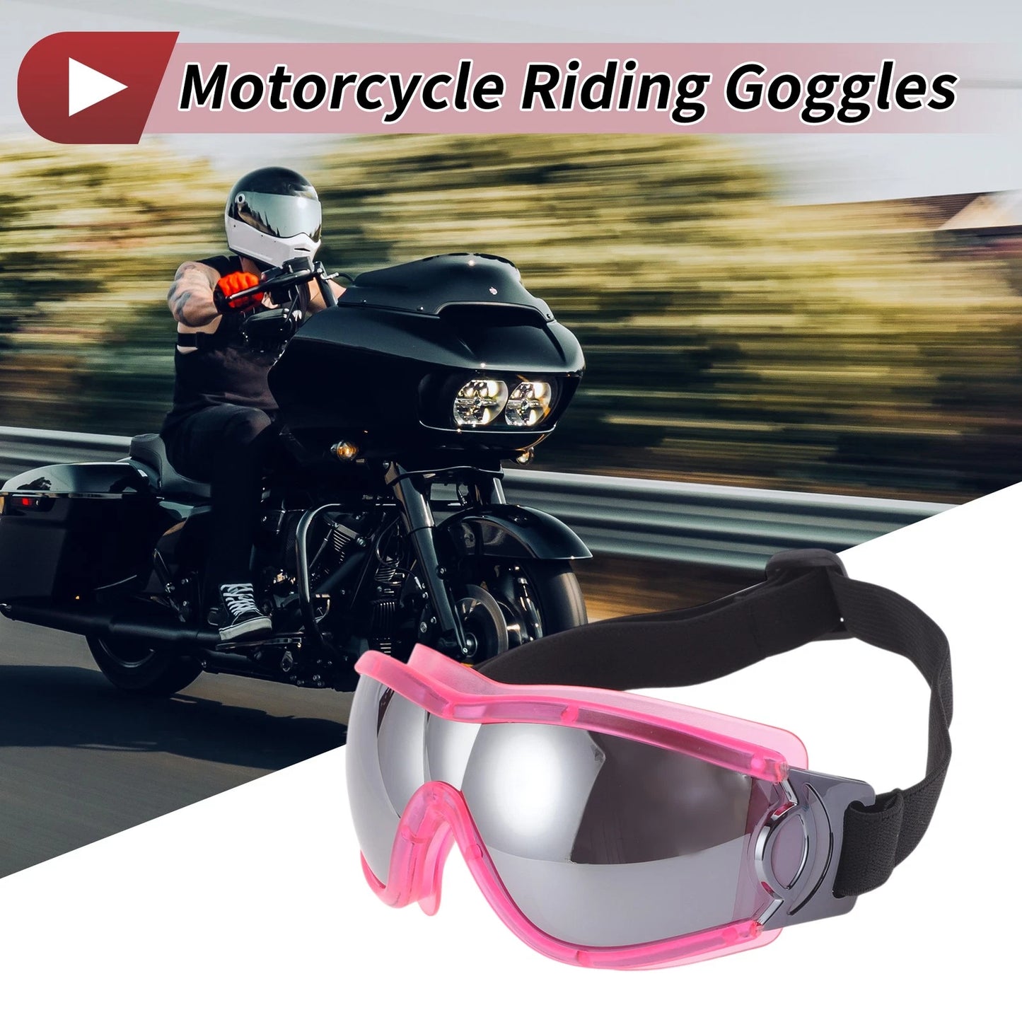 Motorcycle Riding Goggles Silver Tone Lens Pink Frame PC PU Cycling Sunglasses