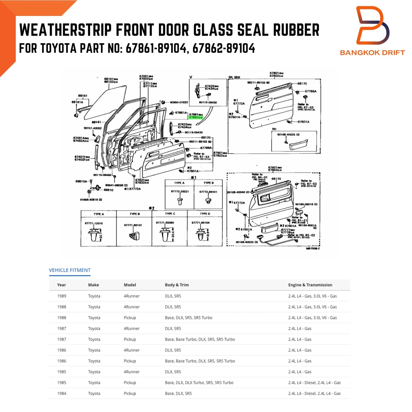 Front Door Seal Weatherstrip for Toyota Hilux (1984-1988)