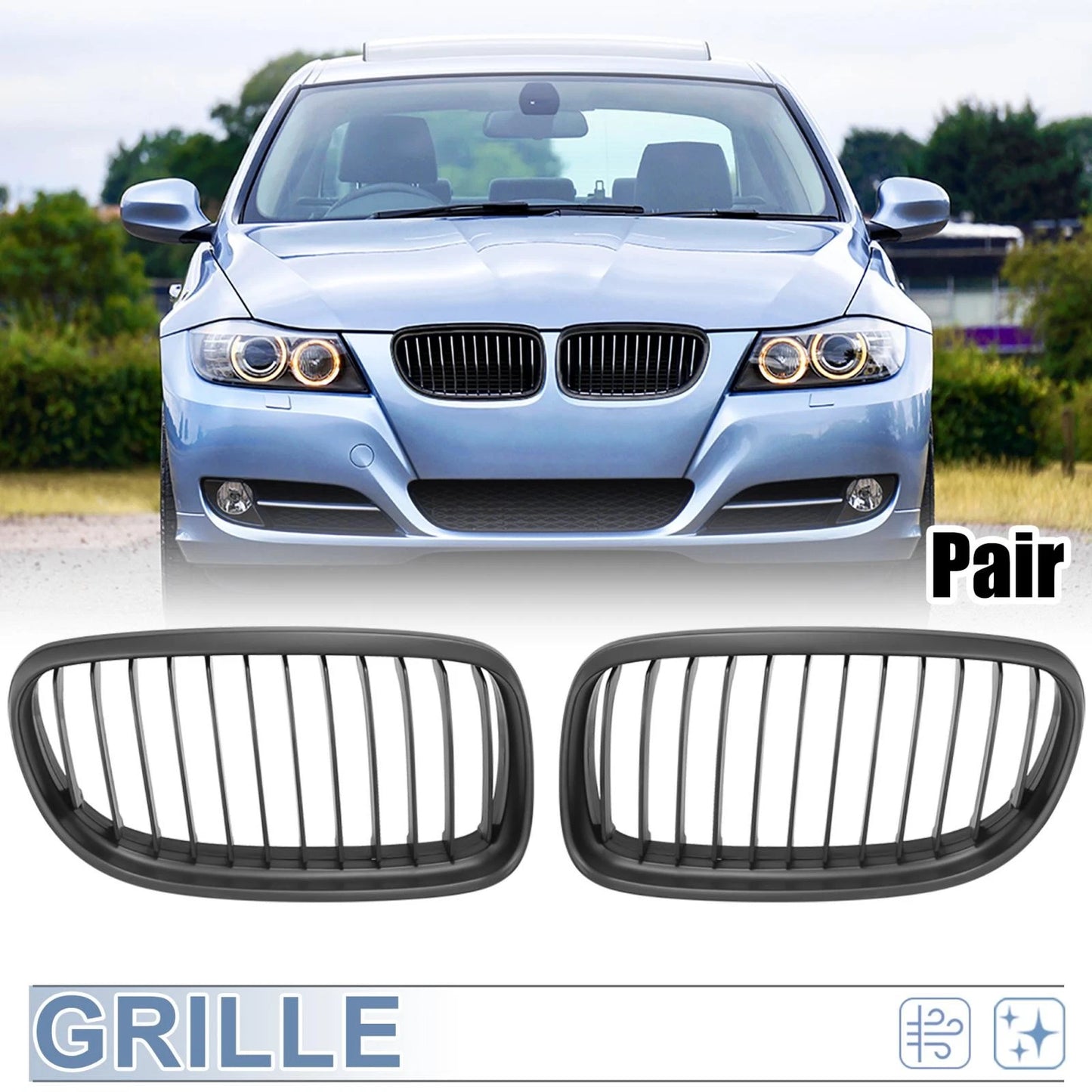 Front Grille Matte Black Kidney Grill for BMW E90 E91 4-Door (2009-2011)