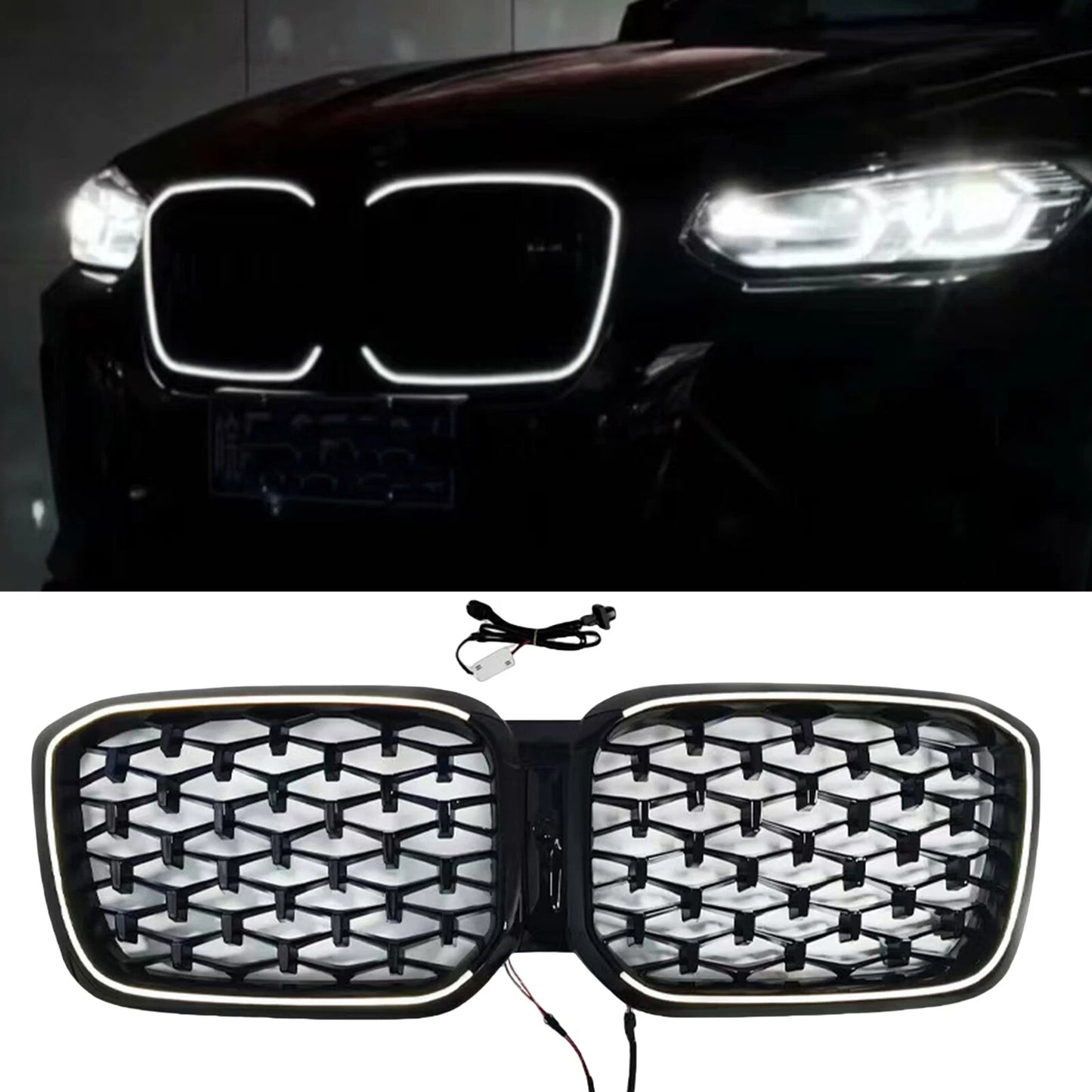 Front Kidney Grille Mesh for BMW X3 X4 (2022-2024) Black with LED