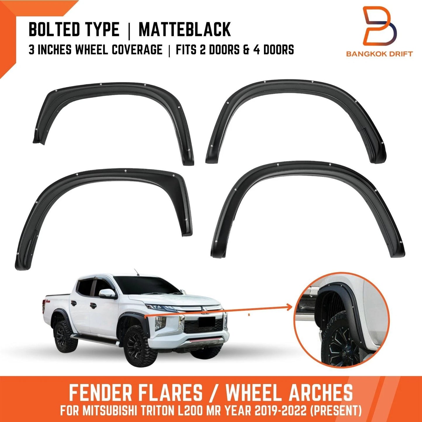 3" Matte Black Bolted Fender Flares for Mitsubishi Triton Ute (2019-2023)