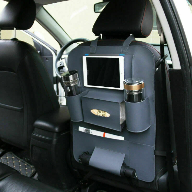 Back Seat Organizer Bag for Car - PU Leather Travel iPad Holder (Fits Most Cars)