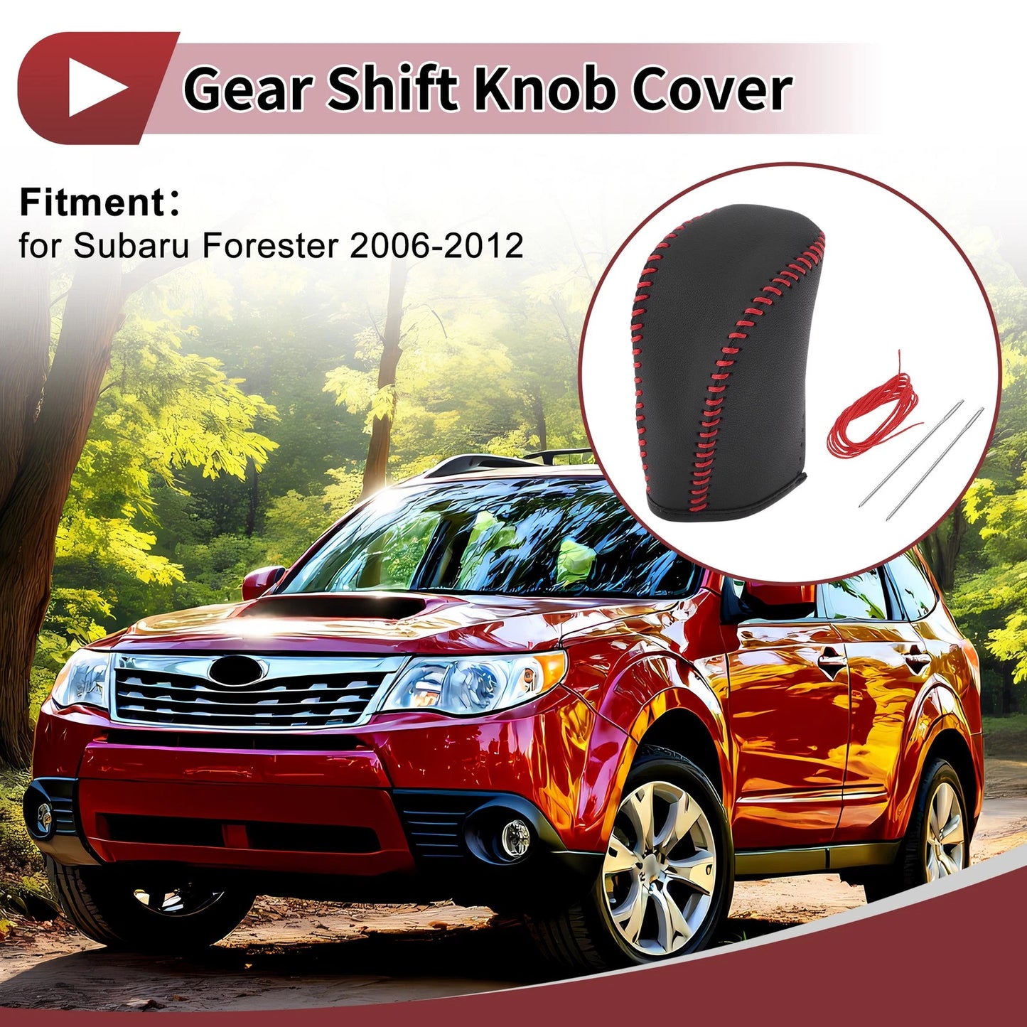 Car Gear Shift Knob Cover for Subaru Forester (2006-2012) Black Red Faux Leather