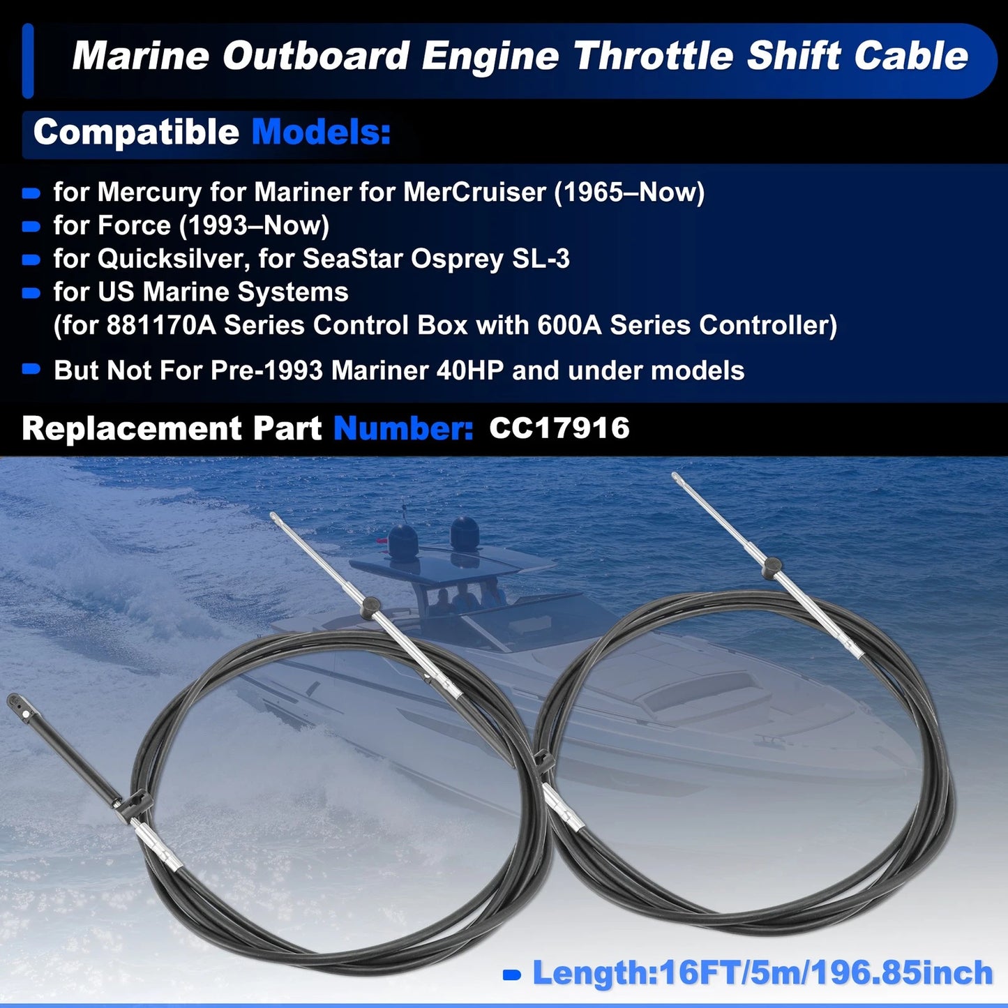 2 x GEN1 Boat Outboard Throttle Shift Cable Black for Mercury Engine CC179