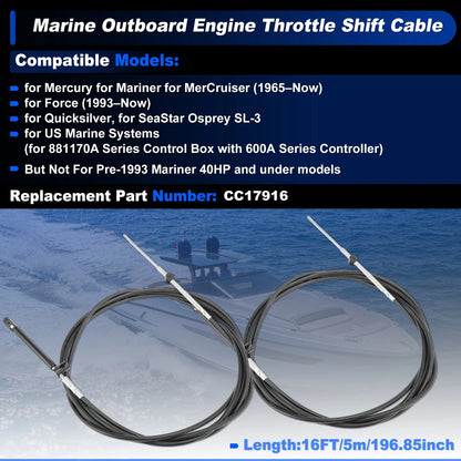 2 x GEN1 Boat Outboard Throttle Shift Cable Black for Mercury Engine CC179