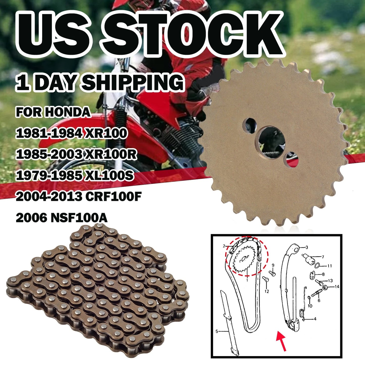 Camshaft Sprocket 30T & Timing Chain 90L for Honda XR100/XR100R
