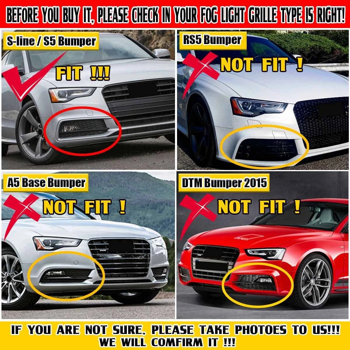 Front Bumper Fog Light Grille Cover 2 x Fits Audi S5 A5 S-Line (2013-2016)