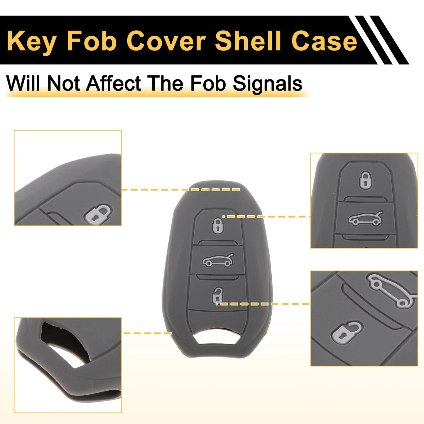 Gray Key Fob Shell Cover Case for Peugeot 208 & e208 (2019-2023)