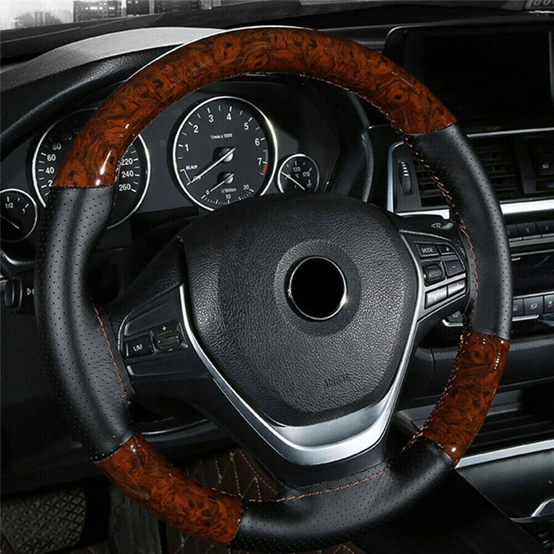 Wood Grain PU Leather Non-Slip Steering Wheel Cover for Car