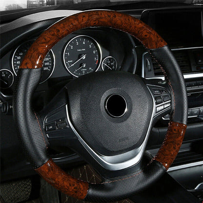 Wood Grain PU Leather Non-Slip Steering Wheel Cover for Car