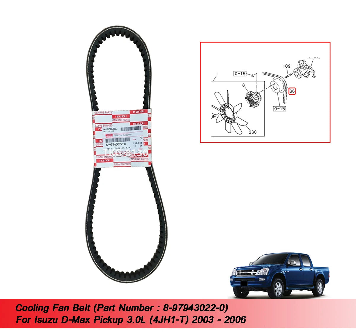 Cooling Fan Belt for Isuzu Dmax 3.0 4JH1-T (2003-2006)