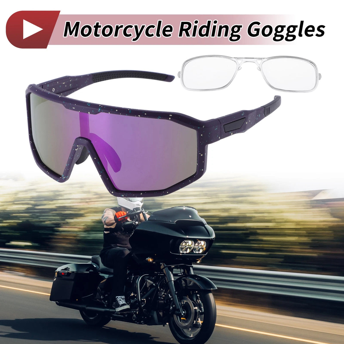Goggles for Motorcycle Riding Purple Lens Purple with Green Yellow Spots Frame