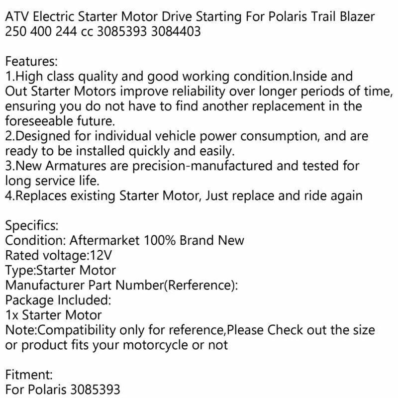 Starter Motor for Polaris Trail Blazer 250 400 244cc (1999-2006)