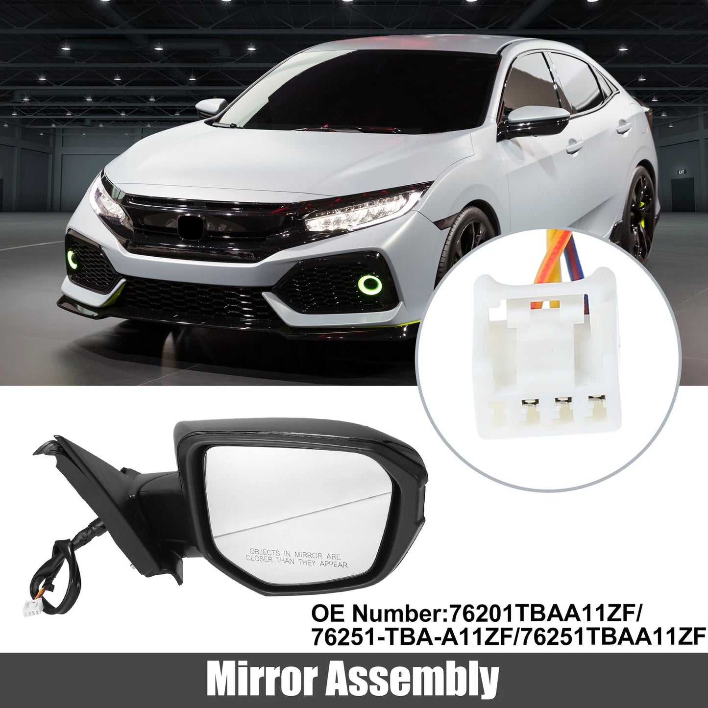 3 Pin Right Side Door Mirror Assembly Black for Honda Civic (2016-2021)
