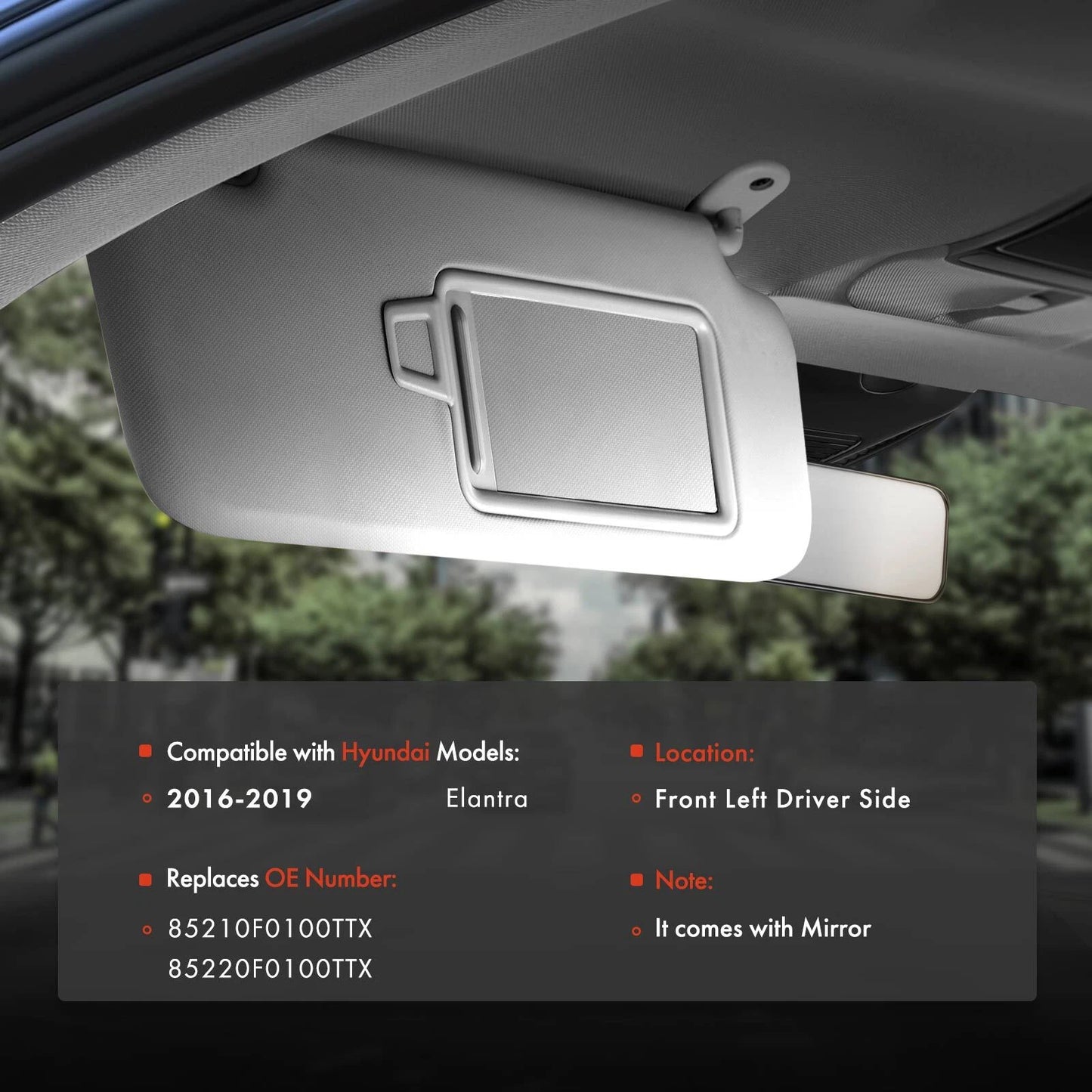 Driver Left Gray Sun Visor with Mirror for Hyundai Elantra (2016–2019)