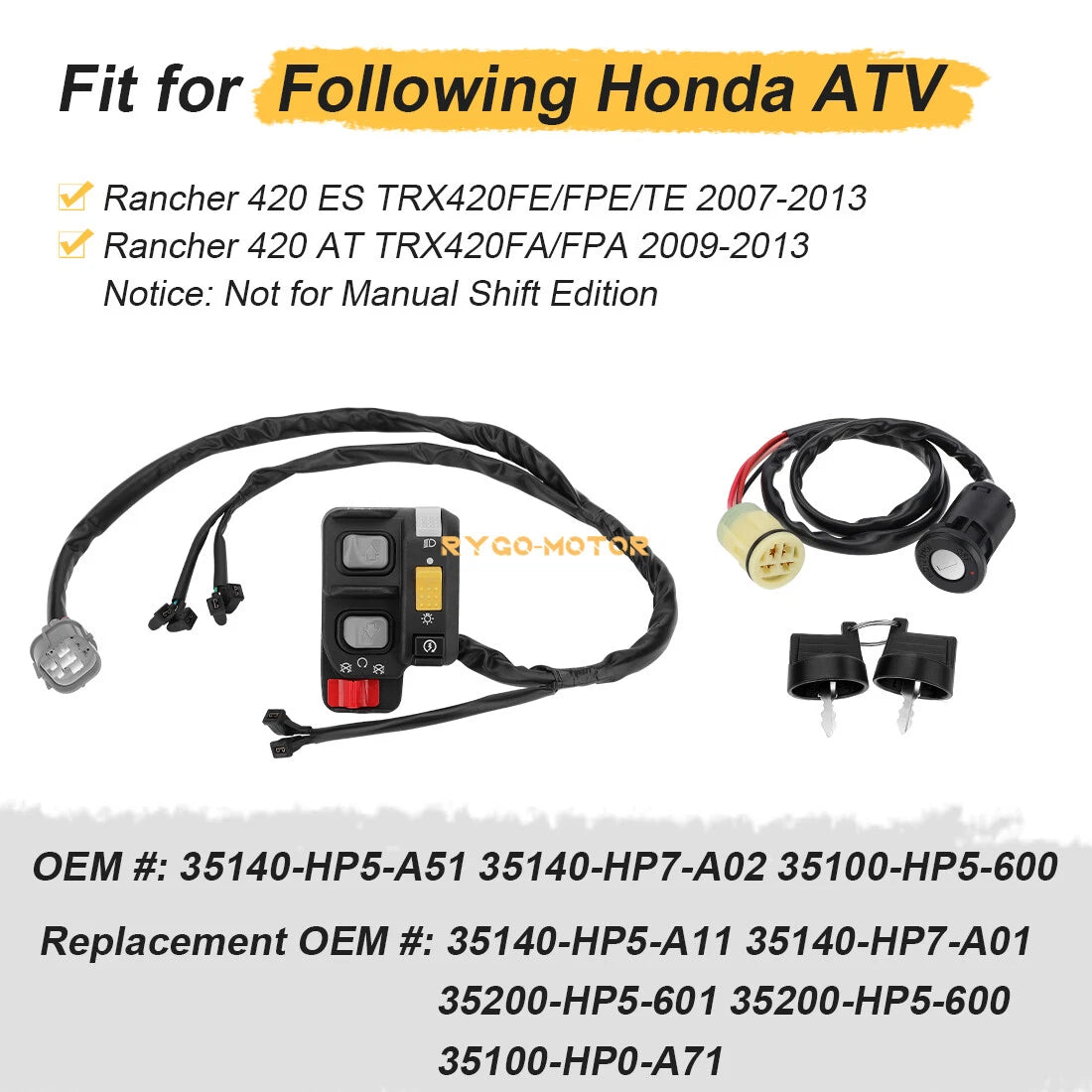 Handlebar & Key Switch for Honda Rancher 420 TRX420 (2007-2013)