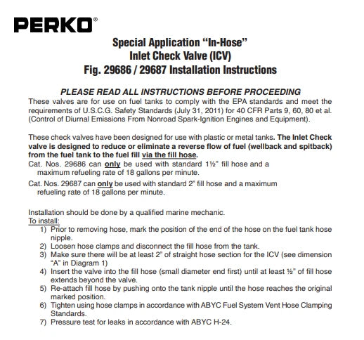 Fuel Fill In-Line Check Valve for Perko, Suits Petrol, 38mm ID Hose