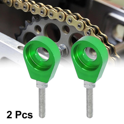 2x 12mm Dia Hole Green Silver Tone Motorcycle Chain Axle Adjuster Tensioner