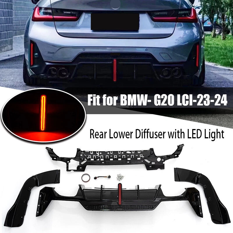 Gloss Black Rear Lower Diffuser with LED Light for 2023-2024 BMW 3 Series G20