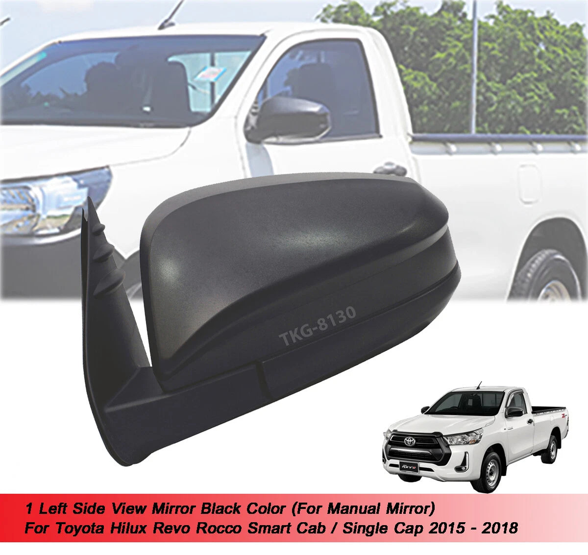 LH Manual Side View Mirror Black for Toyota Hilux Revo (2015-2020)