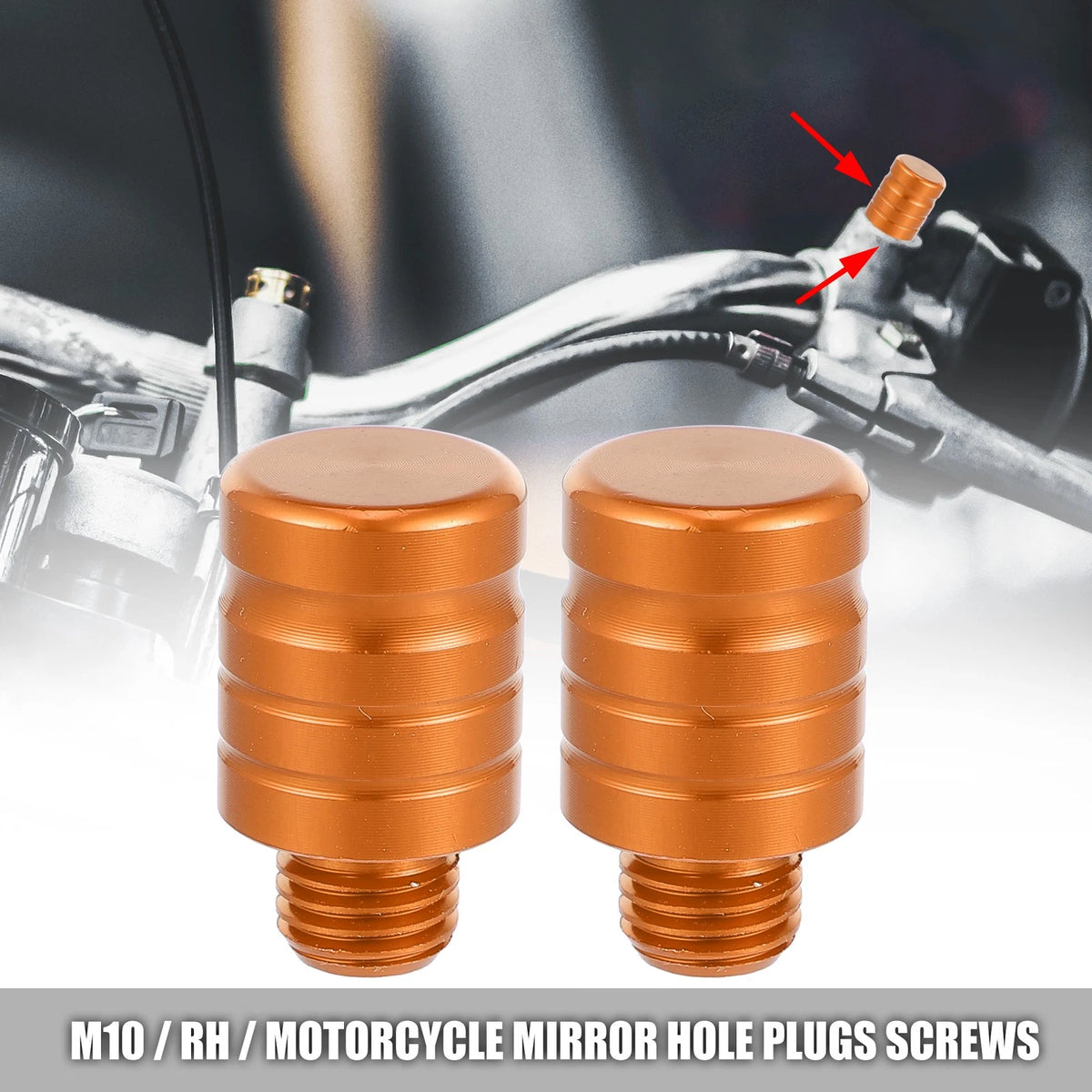 2 x M10x1.29 Motorcycle Right Mirror Hole Plugs Screws Aluminum Alloy Orange