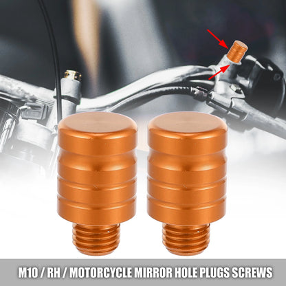 2 x M10x1.29 Motorcycle Right Mirror Hole Plugs Screws Aluminum Alloy Orange