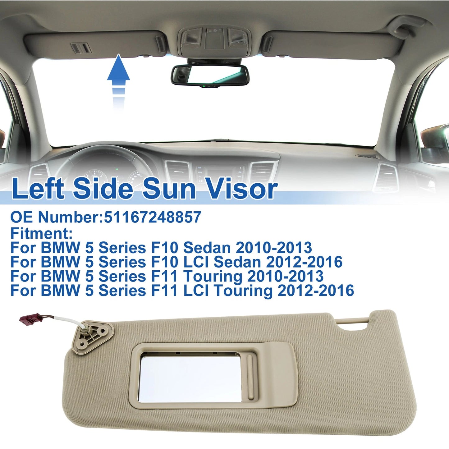 Left Side Sun Visor for BMW 5 Series F10 Sedan Beige