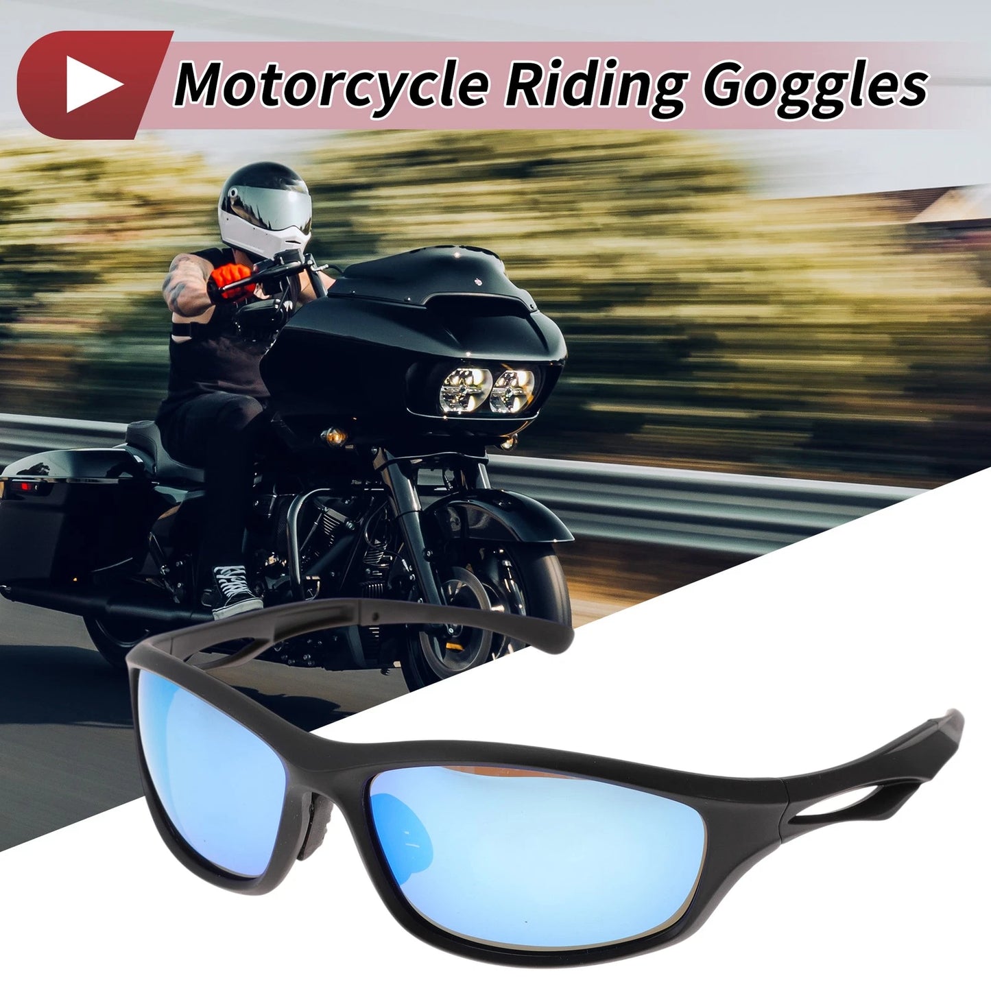 1 x Motorcycle Riding Goggles Blue Lens Black Frame Tri-acetel Cellulose PC