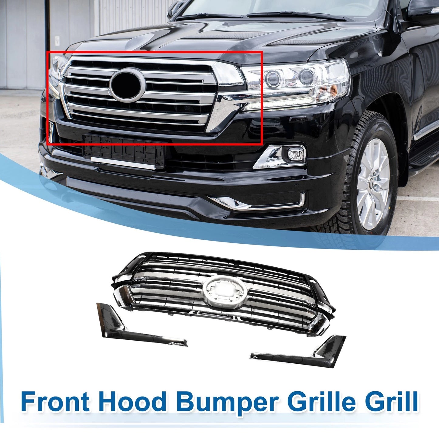 Front Upper Bumper Grille for Toyota Land Cruiser (2016-2023) Chrome Silver Tone