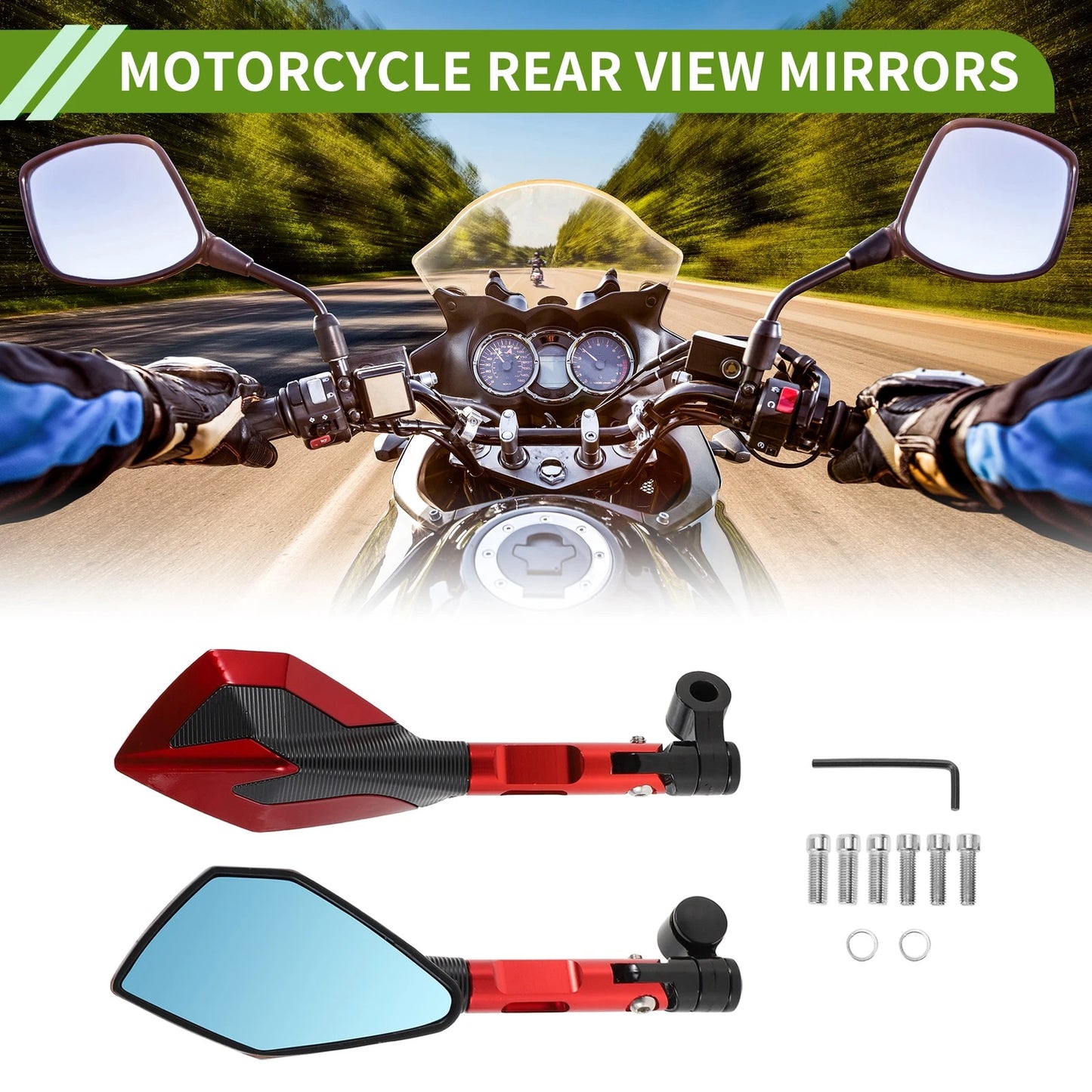 M8/M10 Motorcycle Rear View Mirrors Polygonal Shape Red Aluminum Alloy 1 Set