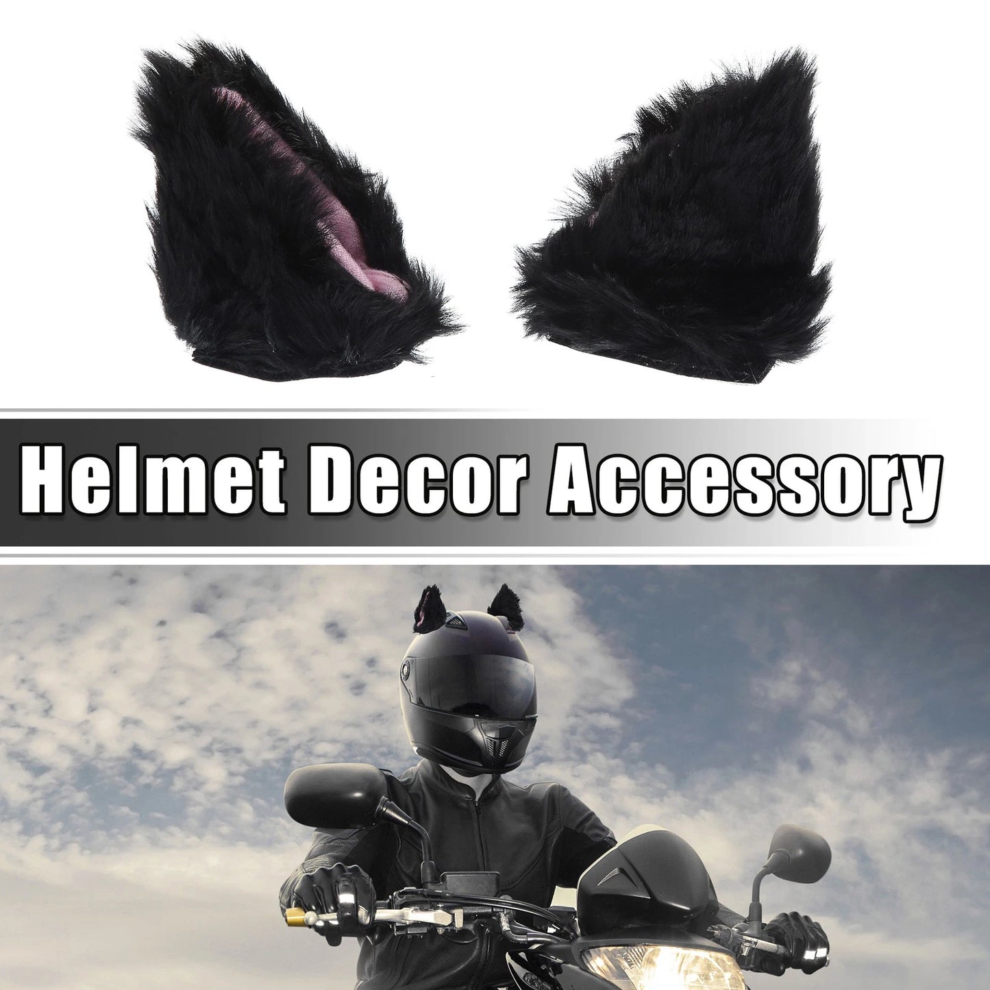 Pair Plush Cat Ears for Helmet Decor Bicycle Motorcycle Black Pink
